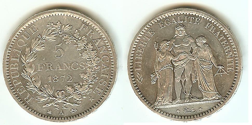 5 Francs Hercule 1872A Paris AU+